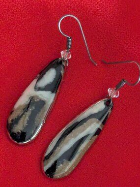 Artisan Teardrop Swirl Earrings - Black, Cream & Gold Shimmer - Bohemian Hippie